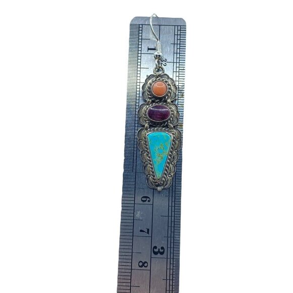 Sterling Silver 3 Stone Stamped Turquoise Coral Sugalite Dangle Earrings Native - Picture 10 of 10